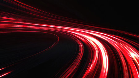 High-speed red light curves and dynamic motion effects illustrated against a dark black background. Modern and energetic vector design.の素材