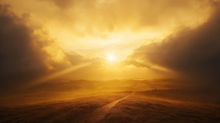Golden hour with the sun setting behind thick clouds, casting a warm, majestic light over the landscape.の素材