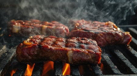 Grilling meat on an open flame with visible heat and smoke, outdoor BBQ settingの素材