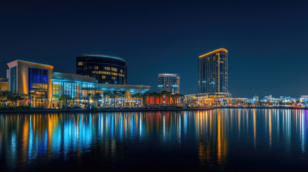 Festival City in Dubai at night, with the Hotel Crowne Plaza and Hotel Intercontinental glowing brightly, reflected in the waterfront.の素材