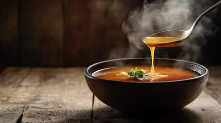 Hot soup being ladled into a bowl, steam swirling up from the rich broth, rustic wooden tableの素材