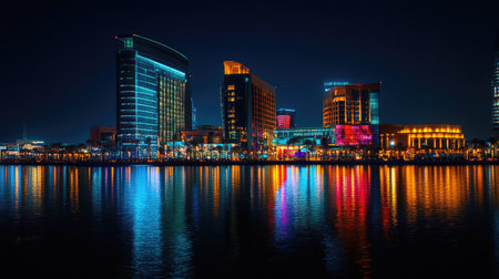 Festival City in Dubai at night, with the Hotel Crowne Plaza and Hotel Intercontinental glowing brightly, reflected in the waterfront.の素材