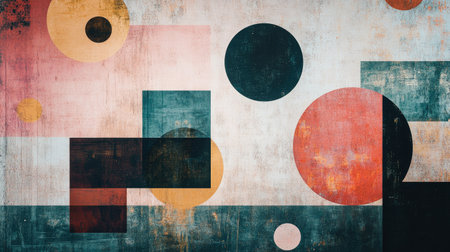 Geometric shapes in various sizes and colors floating on a textured background, modern and stylishの素材