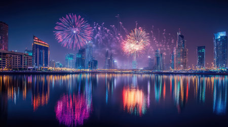 Festival City in Dubai illuminated by National Day fireworks, colorful reflections dancing on the water surface.の素材