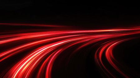 High-speed red light trails and curves on a black background, capturing dynamic motion and energy in a sleek vector illustration.の素材