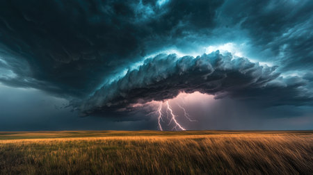 Intense lightning bolt from a storm cloud touching down on the ground, with the bolt clearly visible against a backdrop of dark, ominous clouds.の素材