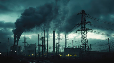 Industrial scene with multiple power poles and transformers, dark clouds in the backgroundの素材