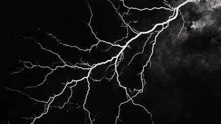 Lightning forking through the night sky, each branch creating a striking pattern of light against the darkness. -の素材