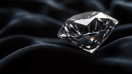 Macro image of a diamond on black velvet, emphasizing its sharp edges and flawless surfaceの素材