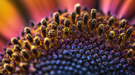 Macro shot of a vibrant sunflower, focusing on the intricate patterns of the seedsの素材