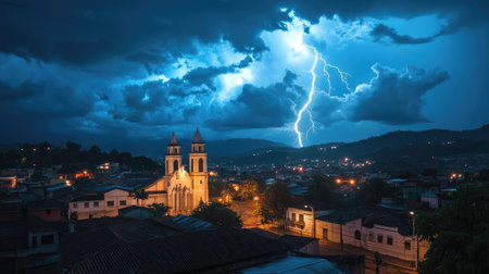 Lightning forked across the sky over Maring Cathedral Basilica, creating a dramatic and atmospheric photo of the city.の素材