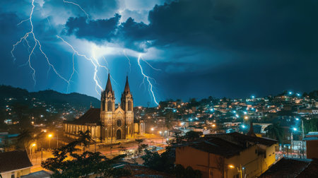 Lightning forked across the sky over Maring Cathedral Basilica, creating a dramatic and atmospheric photo of the city.の素材
