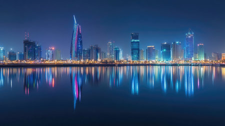 Manama skyline glowing at night with Bahrain Bay in the foreground, capturing the essence of the city's modernity and charm.の素材