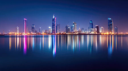 Manama's modern skyline at night, with Bahrain Bay in the foreground, reflecting the city vibrant nightlife and architecture.の素材