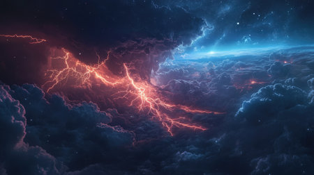 Lightning cutting through a dark, stormy night sky, with the surrounding clouds glowing from the electric discharge.の素材