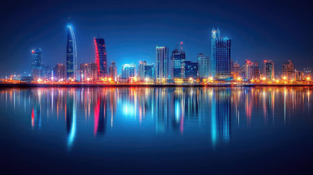 Manama's modern skyline at night, with Bahrain Bay in the foreground, reflecting the city vibrant nightlife and architecture.の素材
