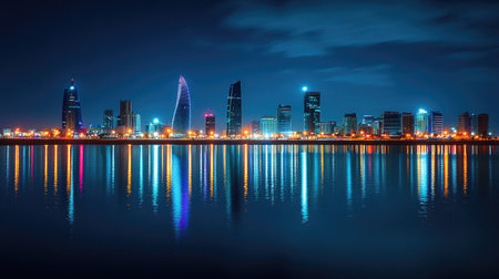 Manama city lights illuminating the night sky, with Bahrain Bay reflecting the stunning skyline in a peaceful night scene.の素材