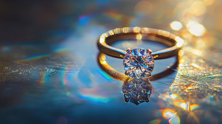 Macro shot of a diamond ring on a reflective surface, with light creating rainbow effectsの素材