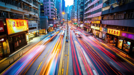 Long exposure of busy Hong Kong streets, showing blurred traffic and Chinese road markings in a vibrant cityscape. -の素材