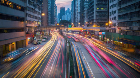 Long exposure of busy Hong Kong streets, showing blurred traffic and Chinese road markings in a vibrant cityscape. -の素材
