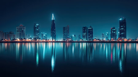 Manama skyline glowing at night with Bahrain Bay in the foreground, capturing the essence of the city's modernity and charm.の素材