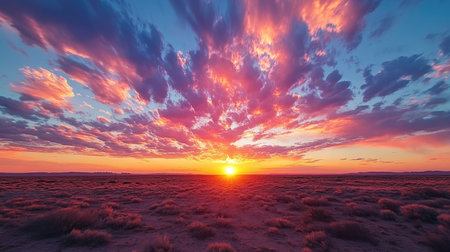 Majestic sunset with vibrant colors reflecting off scattered clouds, creating a serene and beautiful sky.の素材
