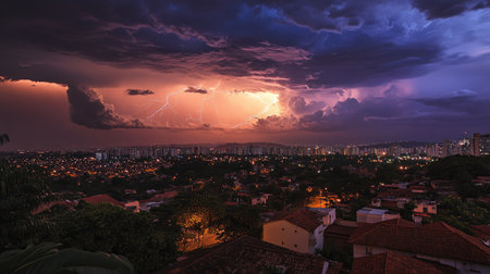 Lightning storm over Maring with bolts striking across the city, showcasing the power of nature against the urban backdropの素材