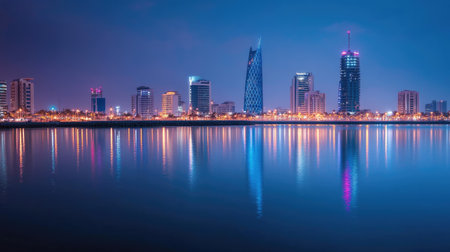 Manama, Bahrain, at night with the Four Seasons and Hilton Hotels glowing in the distance, creating a luxurious cityscape.の素材