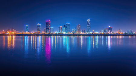Manama skyline at night featuring the glowing Four Seasons and Hilton Hotels, with their lights reflecting in the nearby water.の素材