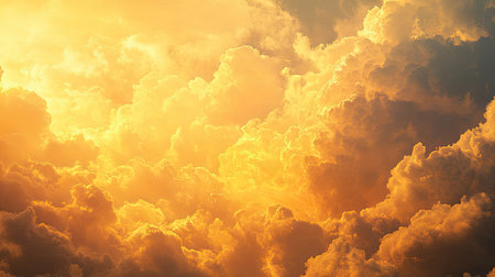 Golden morning light shining through thick cumulonimbus clouds, creating a vivid and dramatic sky.の素材