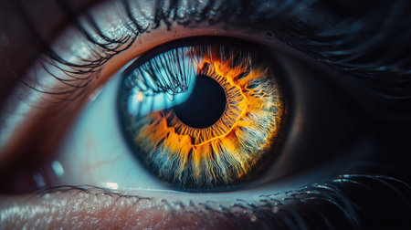 Macro shot of an eye with vibrant colors, highlighting the intricate patterns of the irisの素材