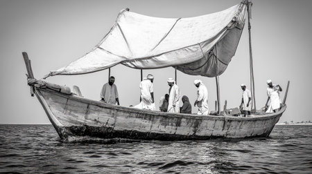Pearl divers on a dhow preparing for a dive, a glimpse into the historical significance of these boats in Arabic culture.の素材