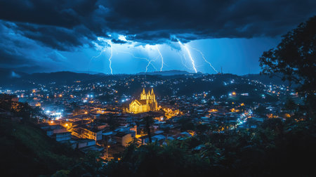 Panoramic view of Maring under a lightning storm, with bolts illuminating the city's landscape and iconic cathedral.の素材