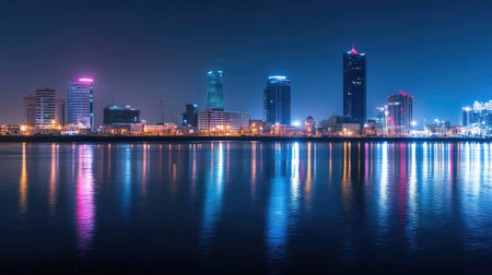 Nighttime panorama of Manama, Bahrain, highlighting the glowing Four Seasons and Hilton Hotels in the city's vibrant skylineの素材