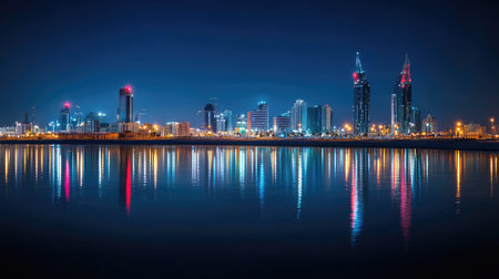 Nighttime cityscape of Manama, Bahrain, with sparkling lights reflecting off Bahrain Bay, showcasing the modern skyline.の素材