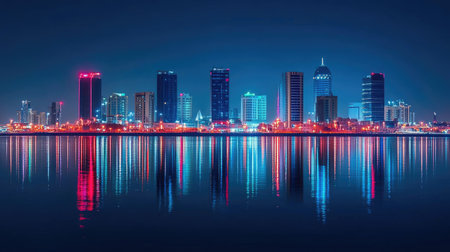 Nighttime cityscape of Manama, Bahrain, with the glowing Four Seasons and Hilton Hotels, their reflections visible in the bay.の素材