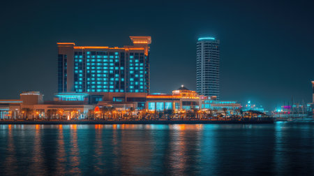 Nighttime view of Festival City in Dubai, highlighting the glowing Hotel Crowne Plaza and Hotel Intercontinental along the waterfront.の素材