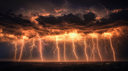 Multiple lightning strikes in the night sky, creating a web of electric light against the backdrop of heavy clouds.の素材