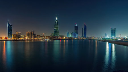 Nighttime panorama of Manama, Bahrain, highlighting the glowing Four Seasons and Hilton Hotels in the city's vibrant skylineの素材
