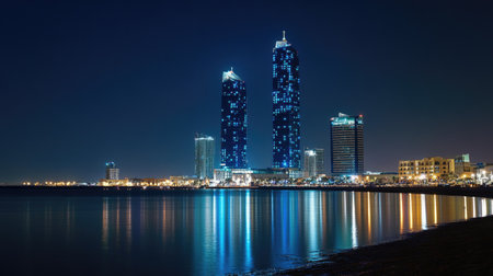 Night view of the Four Seasons and Hilton Hotels in Manama, Bahrain, with their illuminated towers standing tall against the night sky.の素材