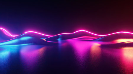 Neon wave 3D render with glowing lights in dark space, reflected beautifully on a smooth floor, suitable for modern wallpaper designs. --の素材