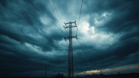 Power pole with visible wires stretching into the distance, against a dramatic stormy skyの素材