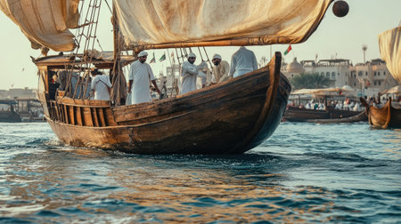 Pearl divers on a dhow preparing for a dive, a glimpse into the historical significance of these boats in Arabic culture.の素材