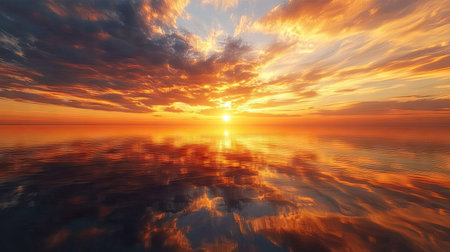 Serene sunset with layers of clouds reflecting the fiery colors of the evening sky.の素材