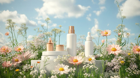 Podium for natural beauty products set in a lush spring flower field, 3D rendered to evoke freshness and vitality.の素材
