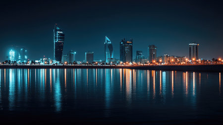 Nighttime cityscape of Manama with the Four Seasons and Hilton Hotels illuminated, showcasing the luxurious skyline of Bahrain.の素材