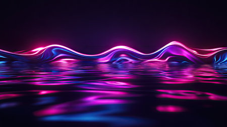 Neon wave 3D design glowing against a dark backdrop, with a vibrant reflection on a reflective floor, ideal for wallpapers and covers.の素材