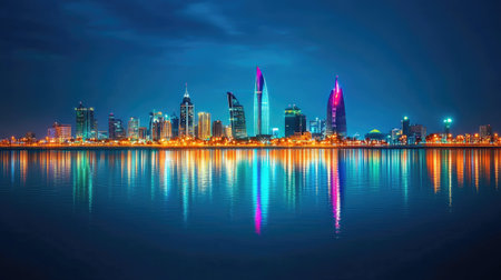 The vibrant lights of Manama at night, reflected in the calm waters of Bahrain Bay, highlighting the city dynamic energy.の素材