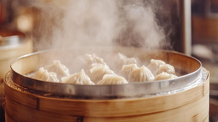 Steaming dumplings being taken out of a bamboo steamer, traditional Asian kitchen atmosphereの素材