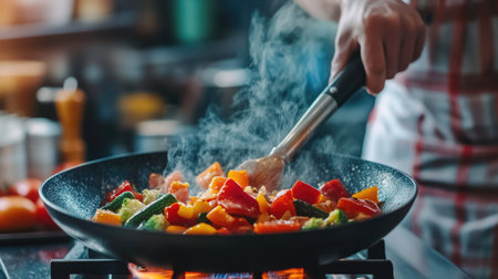 Steam rising from a hot pan as a chef stir-fries vegetables over high heat, vibrant kitchen settingの素材